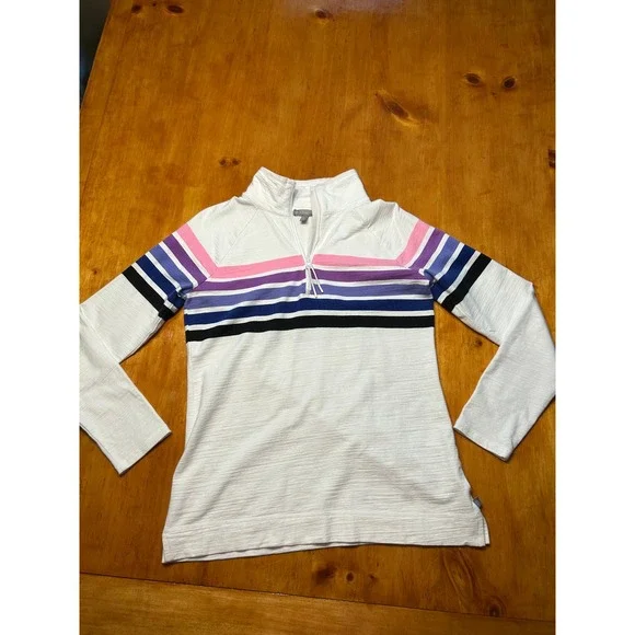 T by Talbots Womens XS White Striped Quarter Zip Pullover UPF 50+ Mock Neck Top - Picture 4 of 11